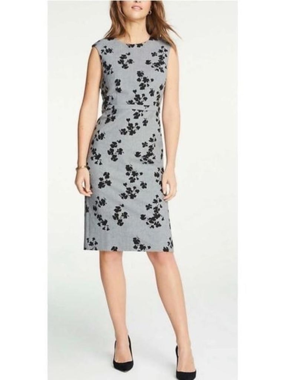 Ann Taylor Grey Black Floral Cap Sleeve Sheath Dress 10 Wedding Guest Cocktail - Picture 11 of 11